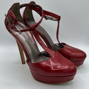Kate Preston candy apple red heels with ankle straps, size 5.5M